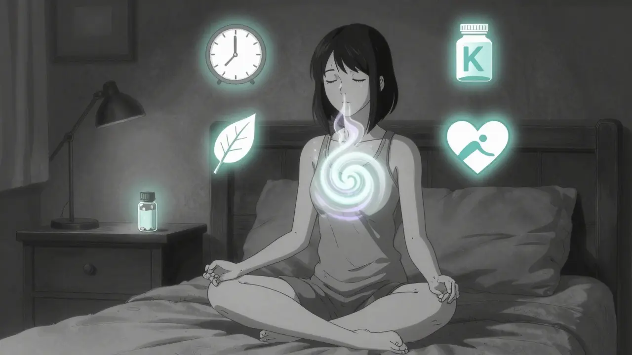 A woman meditating in a bedroom, with calming spirals rising from her chest and floating health icons.