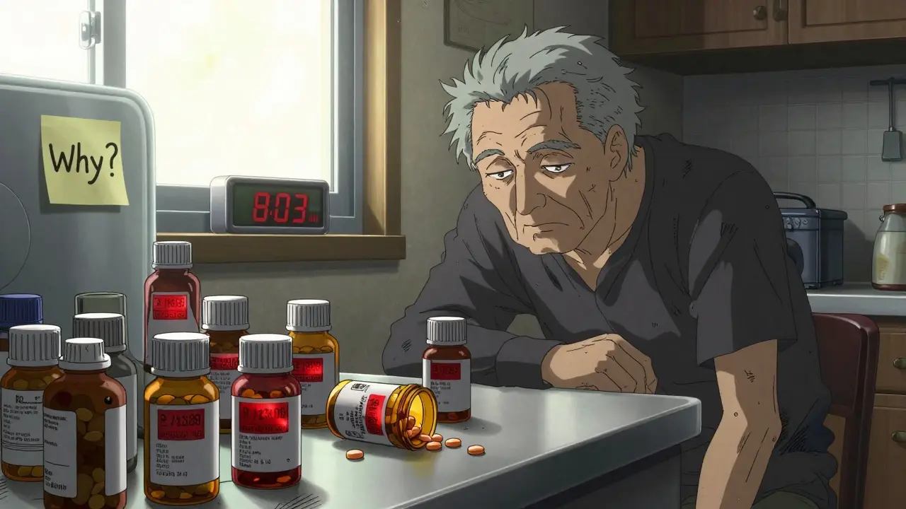 An older man in a cluttered kitchen facing chaotic pill bottles, one spilled, with a sticky note reading 'Why?' on the fridge.