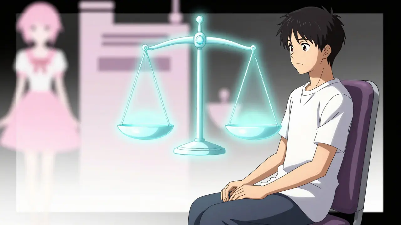 Calm figure resting near a glowing balance symbol representing health