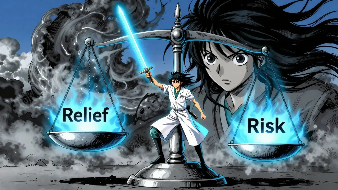 Clinician standing before balance scales weighing relief and risk.