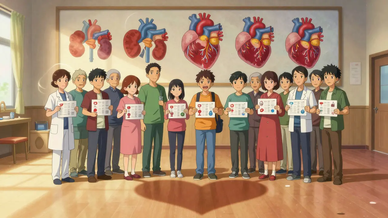 Diverse patients and caregivers hold medication charts, their shadows forming a heart shape in a sunlit community center.