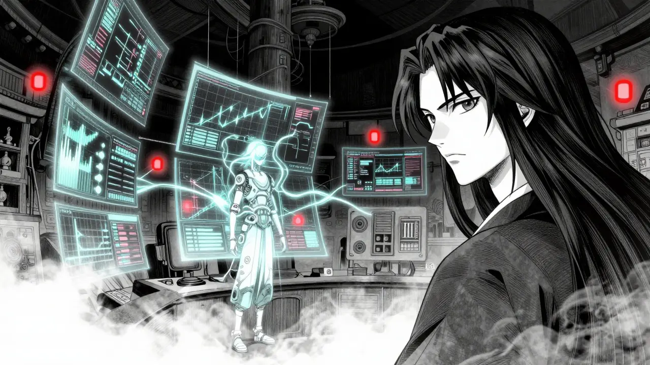 Guardian monitoring glowing digital data streams in dark corridor.