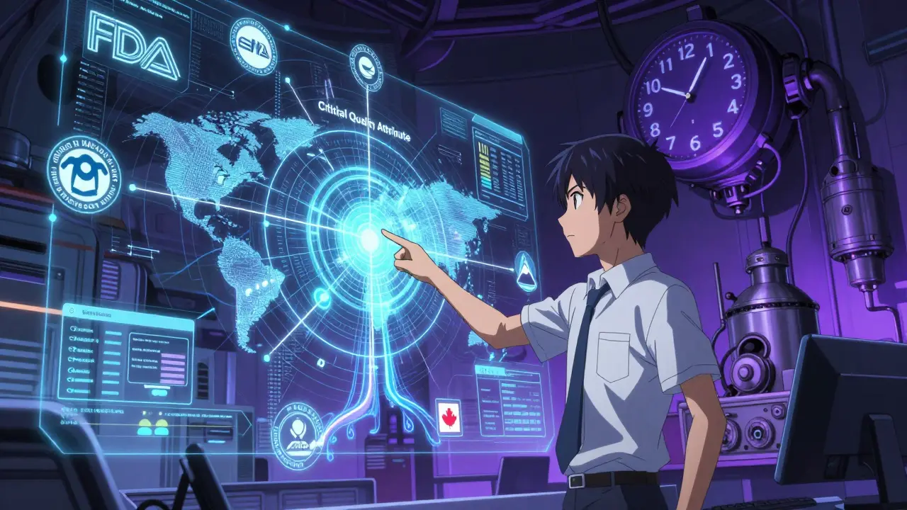 Holographic regulatory dashboard with global agency logos and a risk-assessment matrix, illuminated by neon data streams.