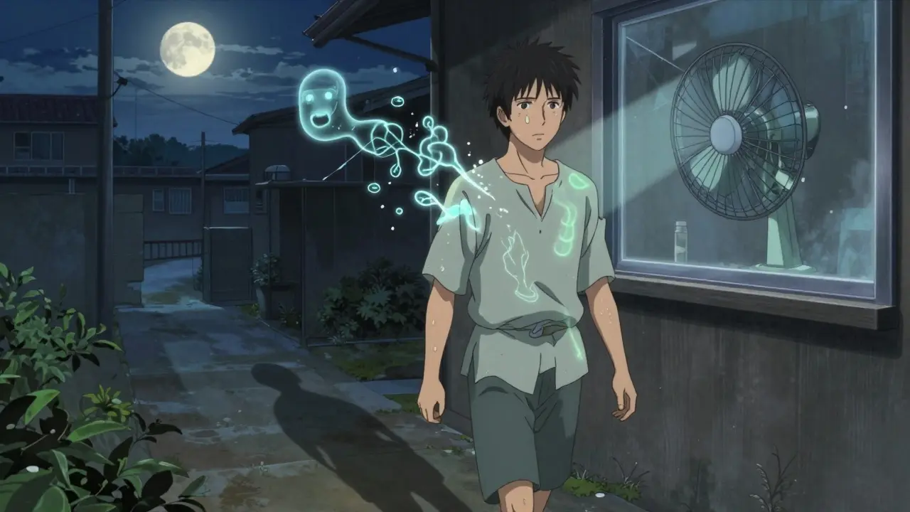 Man walking at dusk, thermal waves rise from body, anticholinergic effects visible as shattered nerve signals.