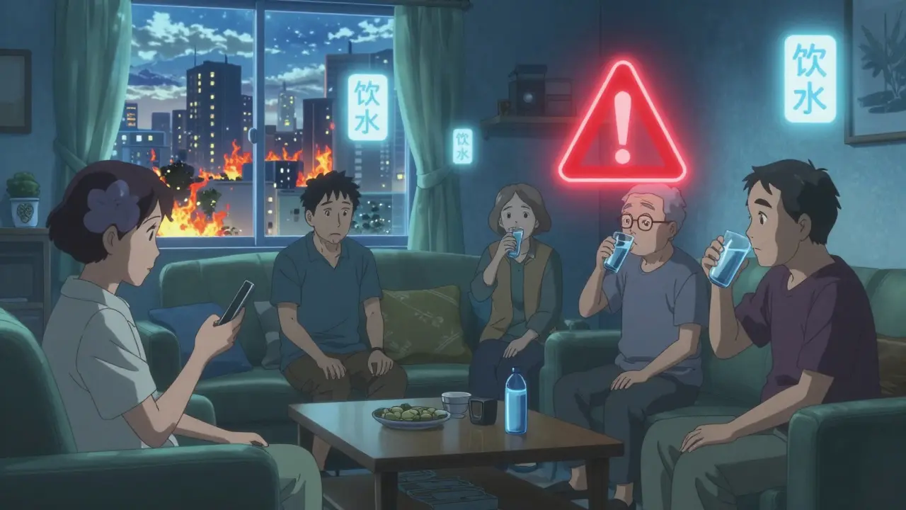 Old adults in cool room, one on phone with buddy, glowing warning symbols float above them as heat rages outside.