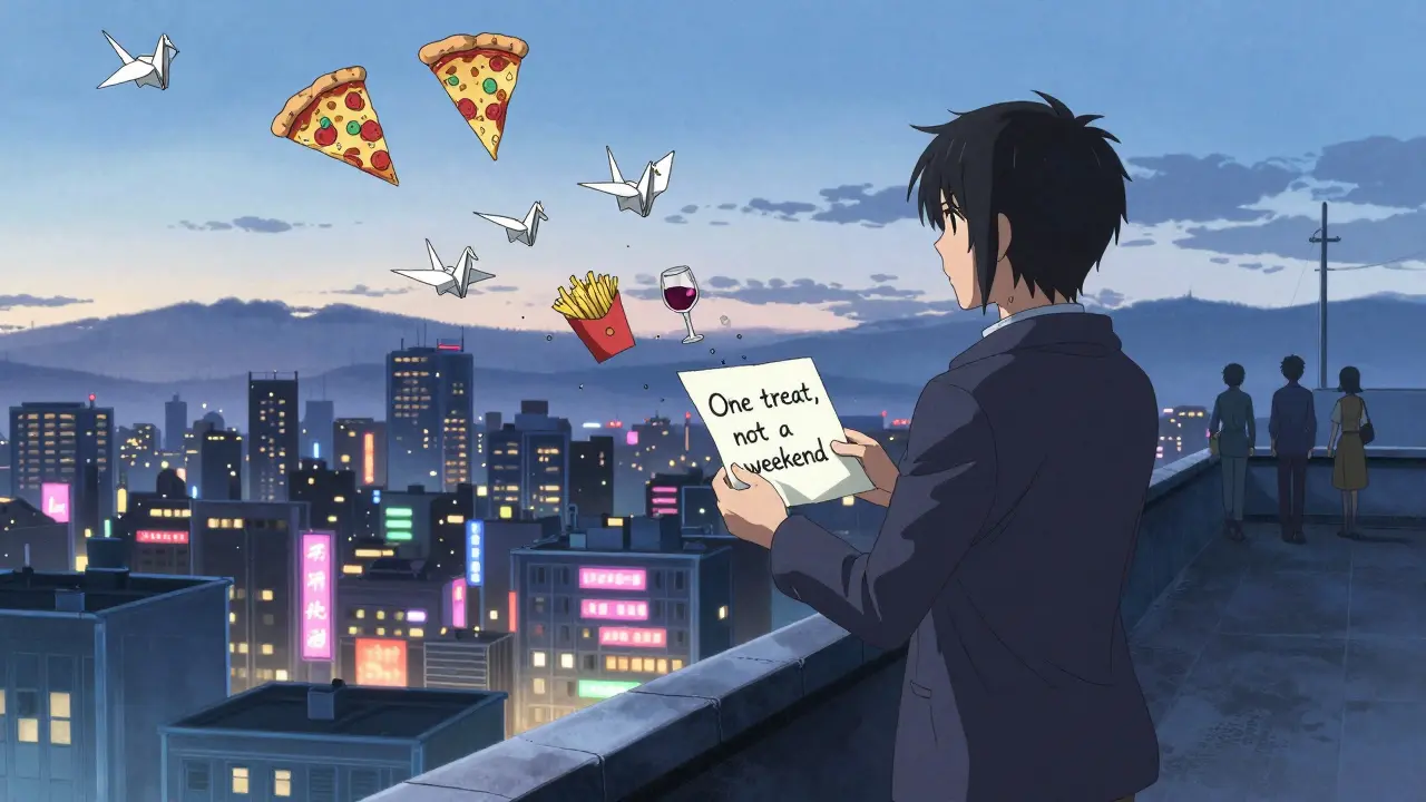 Person on rooftop at dawn, letting go of food-themed paper cranes as city shifts from weekend chaos to Monday calm.