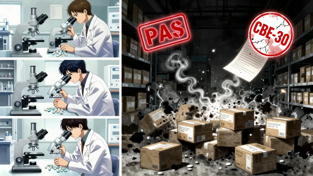 Split scene: calm lab analyzing pills vs. chaotic warehouse of exploding recalled drugs, with regulatory seals glowing in the air.