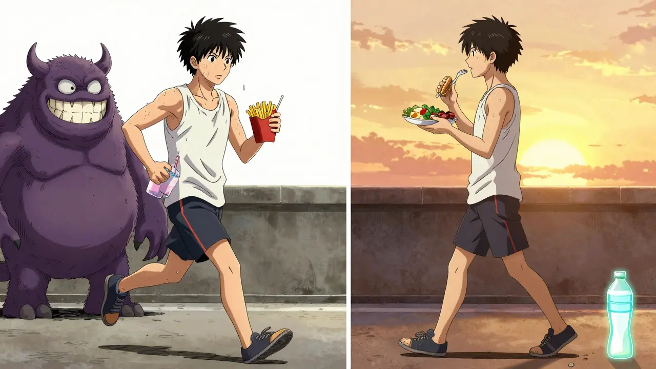 Split scene: person overeating after exercise vs. eating balanced meal and walking, showing contrast in weekend habits.