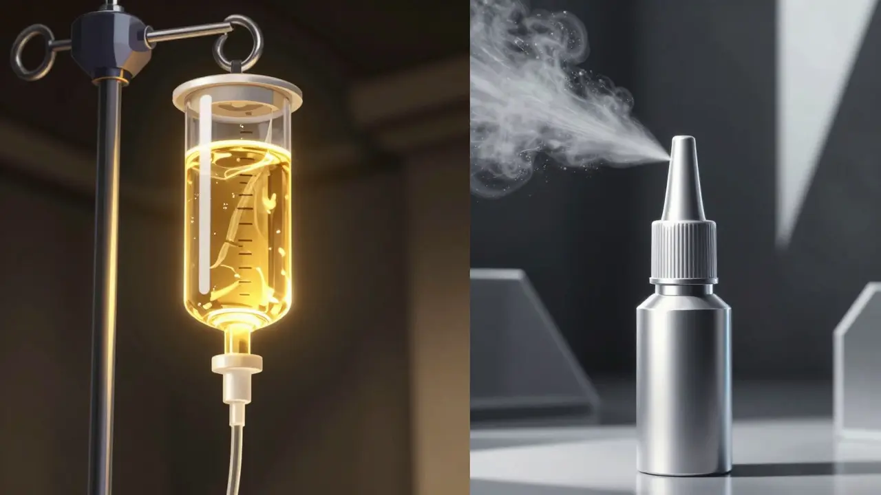 A contrast between a glowing IV drip and a shimmering nasal spray in a stylish manga layout.