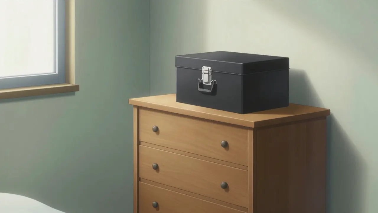 A locked medicine box stored safely on a bedroom dresser