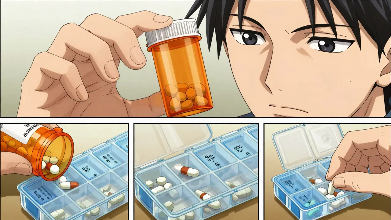 A person carefully filling a pill organizer one bottle at a time in manga style.