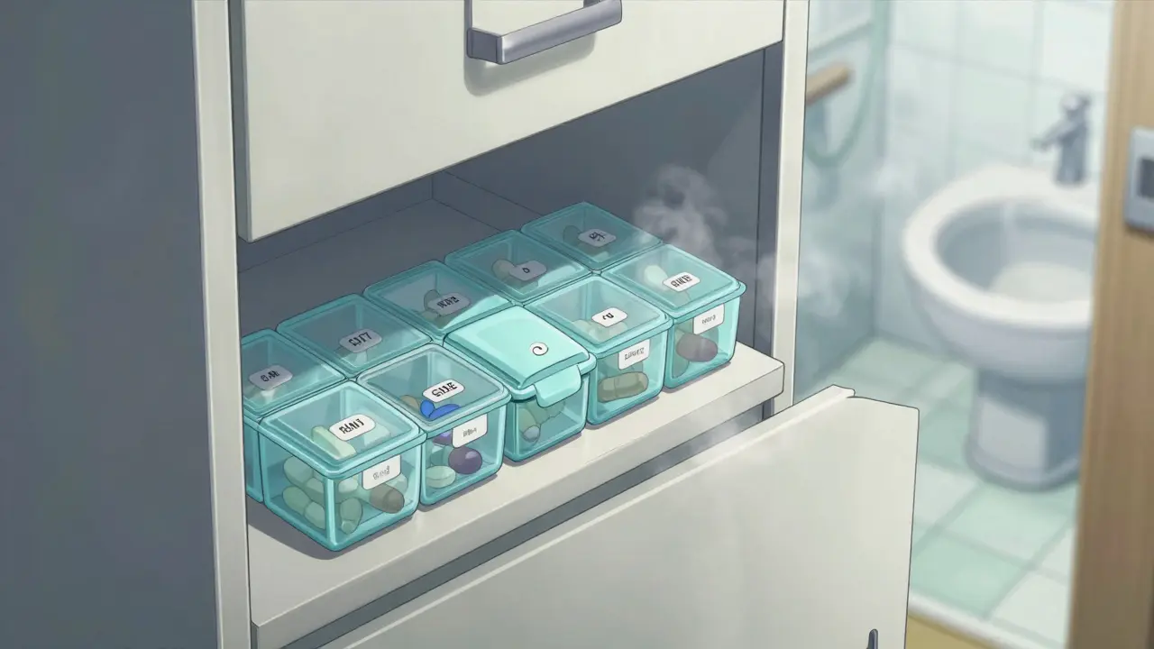 A pill organizer stored safely in a dry kitchen cabinet in a stylized anime scene.