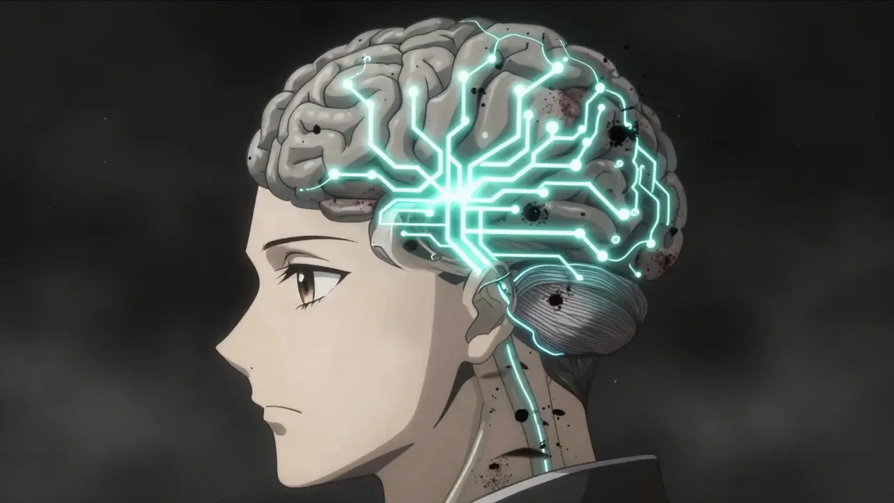 A profile view of a head with glowing neon neural pathways clearing away dark smoke.