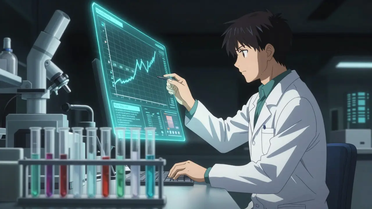 A scientist analyzing precise lab data and a row of test tubes in a high-tech laboratory.