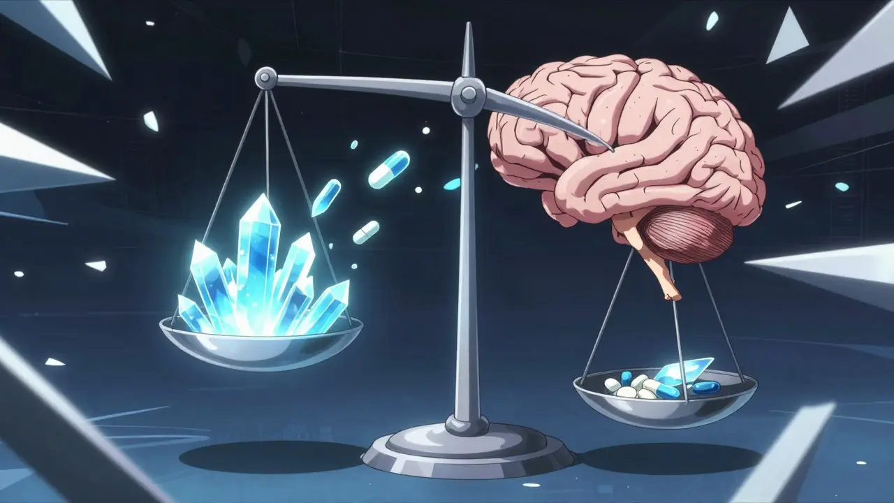 Abstract scale tipping violently as glowing crystals disappear, representing chemical imbalance