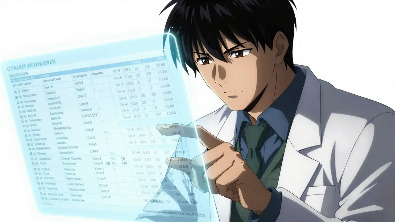 Anime character analyzing a holographic FDA drug list with a sharp, focused expression.