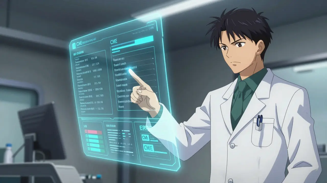 Anime style doctor using futuristic holographic screens for medical education.