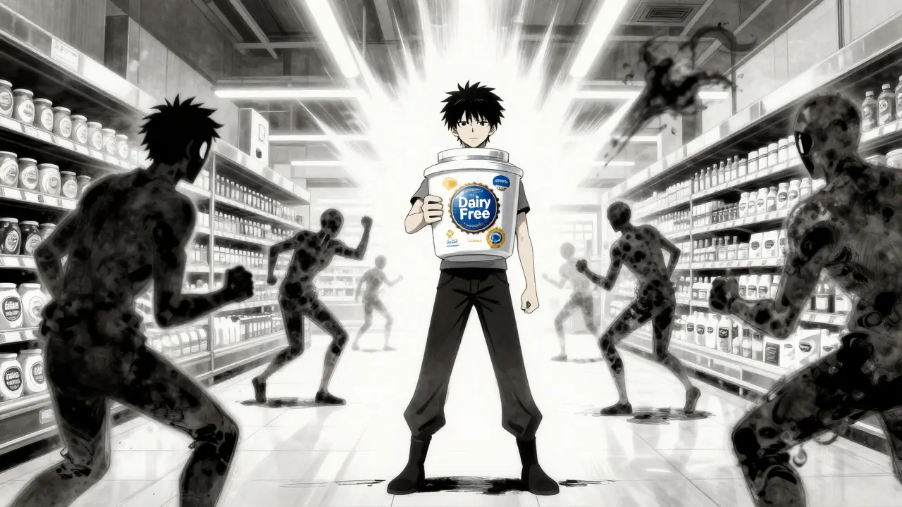 Character confidently holding a certified dairy-free product, symbolizing food safety.