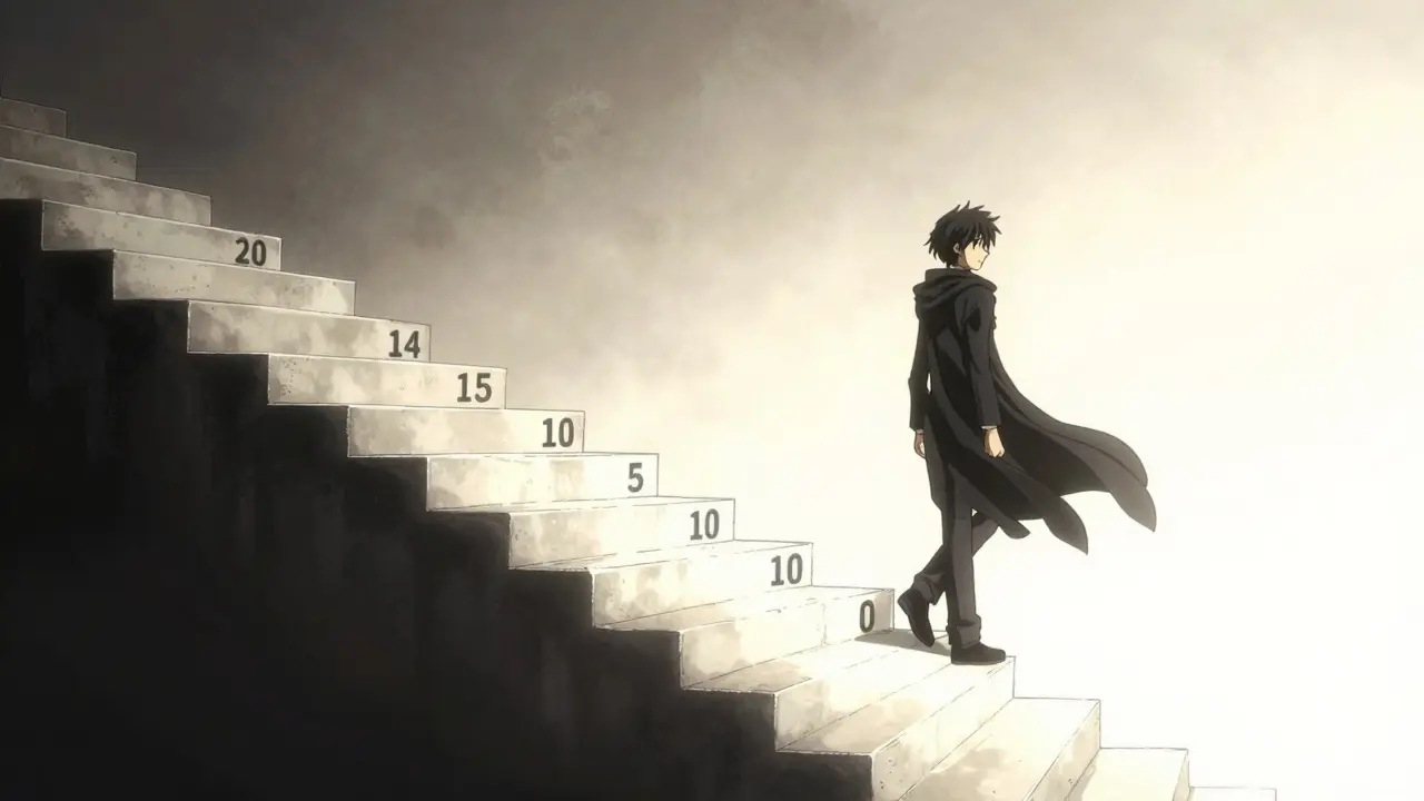 Character descending a staircase of decreasing numbers toward a bright light, symbolizing a safe taper