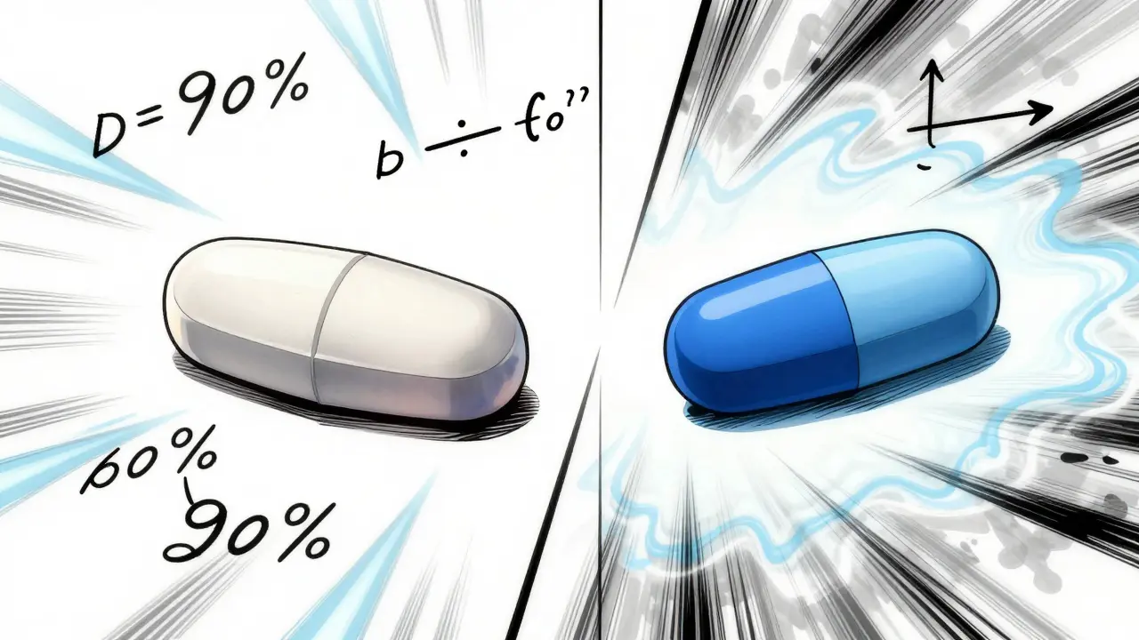Comparison of a white and blue pill with scientific formulas in manga art.