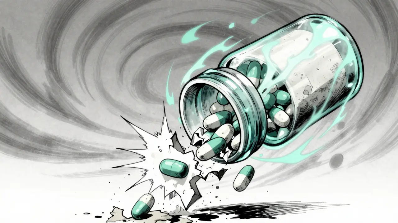 Conceptual art of pills crumbling and breaking apart inside a bottle
