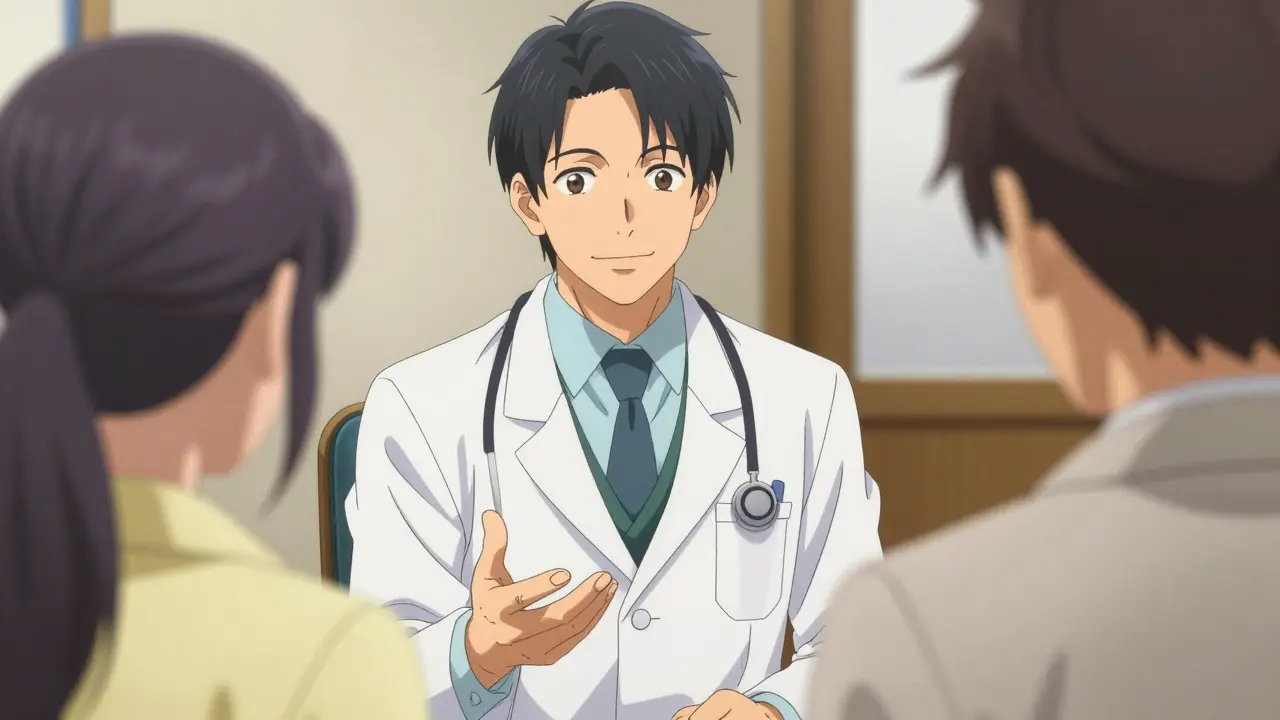 Confident doctor reassuring a patient in a clean anime style.
