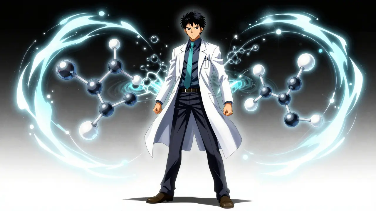 Stylized anime depiction of a doctor surrounded by bioequivalent molecular structures.