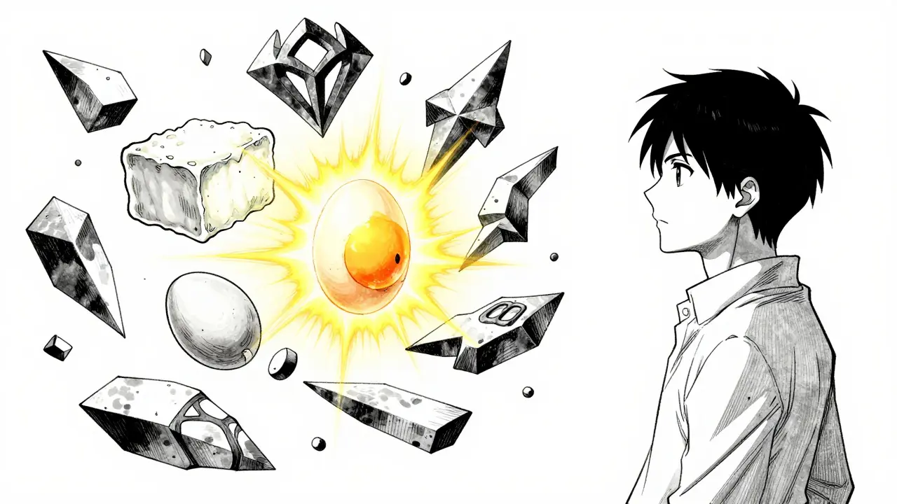 Stylized floating representations of major food allergens and specific animal sources.