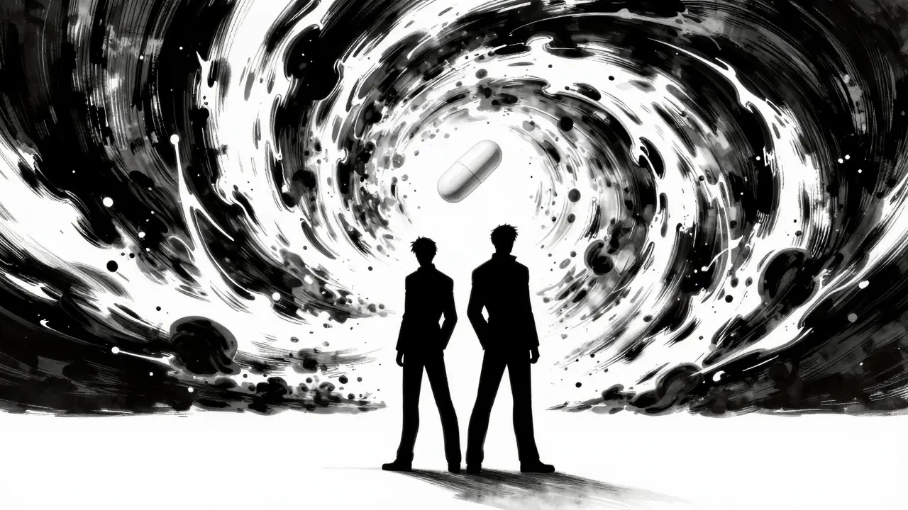 Two stylized figures facing away from each other with a floating pill in a dramatic ink-swirl void.